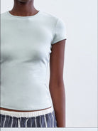 RARELY ALIKE Hourglass Cotton Crew Neck T Shirt in Sky Blue - On Female Model