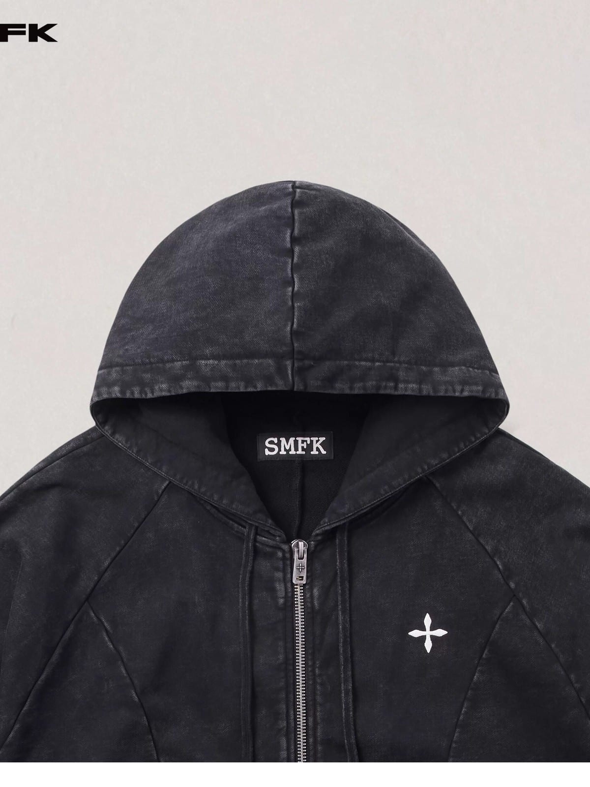 SMFK Washed Cotton Zip Up Hoodie in Gray - Detail