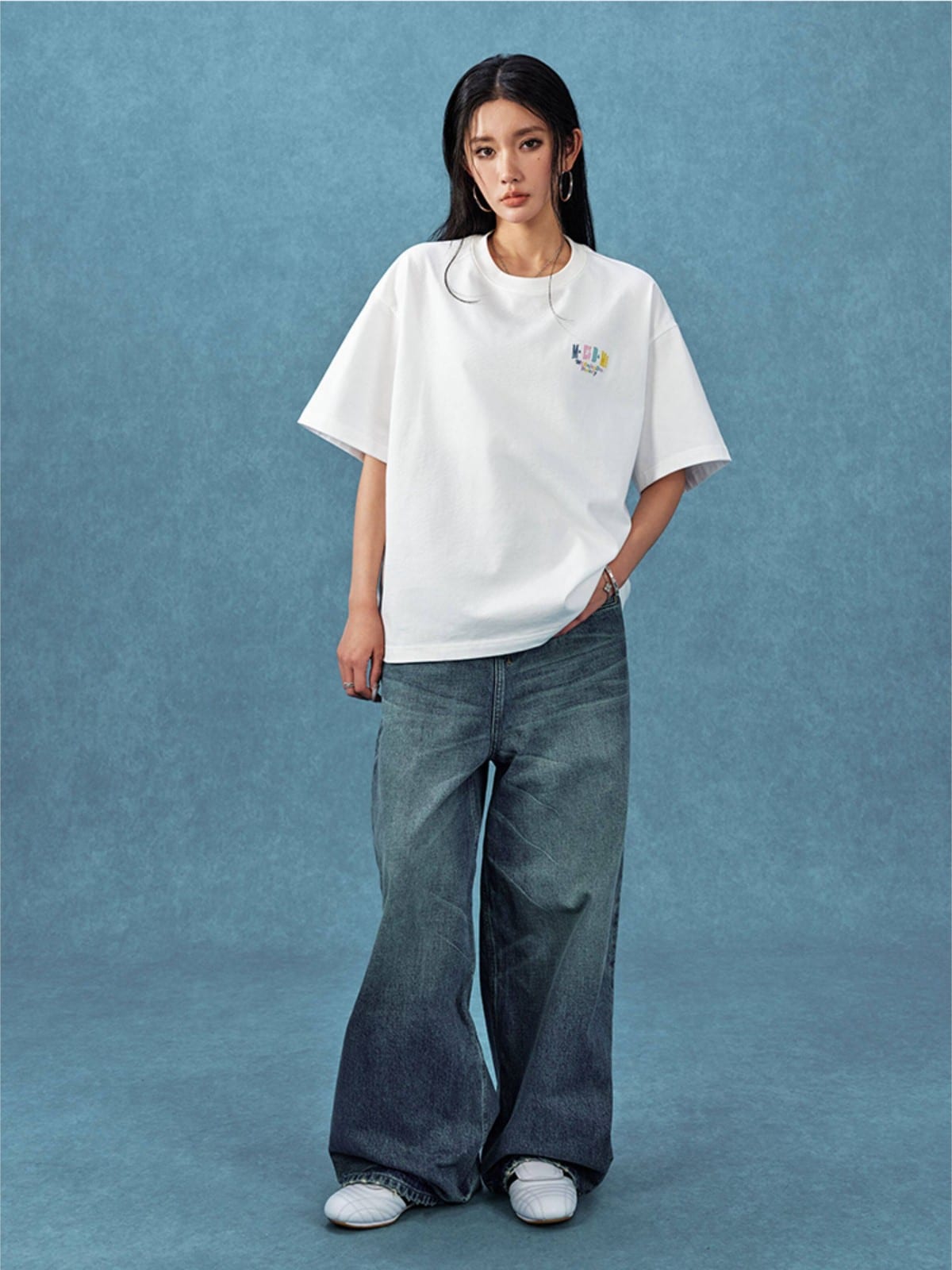 MEDM Letter Embroidery Cotton T Shirt in White - On Female Model
