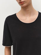 MSBEAST Rolled Edge Silk Cotton U Neck T Shirt in Black - On Female Model