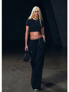 SMFK Wide Leg Cotton Cargo Sweatpants in Black - On Female Model