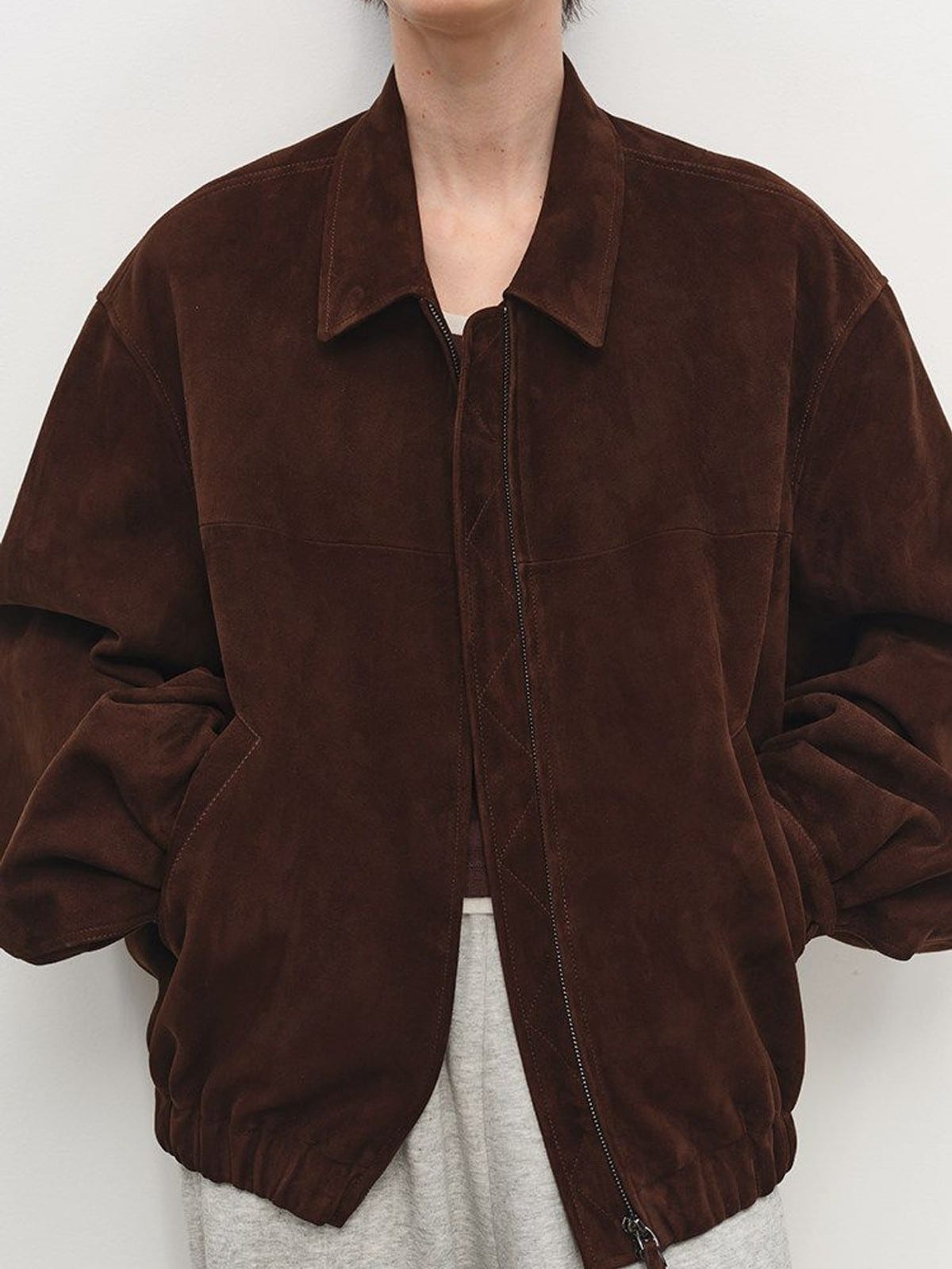 MSBEAST Broad Shoulder Sheepskin Jacket in Brown - On Female Model