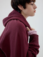 SIMPLE PROJECT Cotton Blend Zip Up Hoodie in Burgundy - On Model