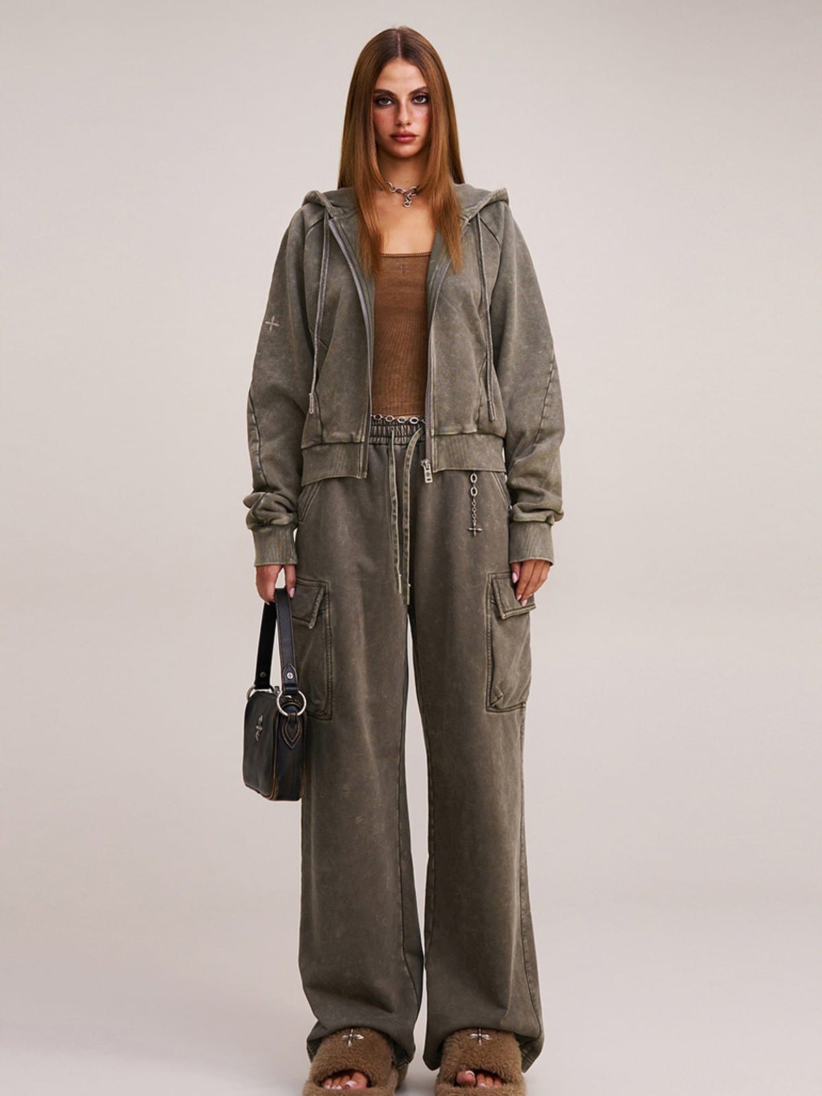 SMFK Garment Dyed Cotton Zip Up Hoodie in Gray - On Female Model