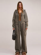 SMFK Garment Dyed Cotton Zip Up Hoodie in Gray - On Female Model