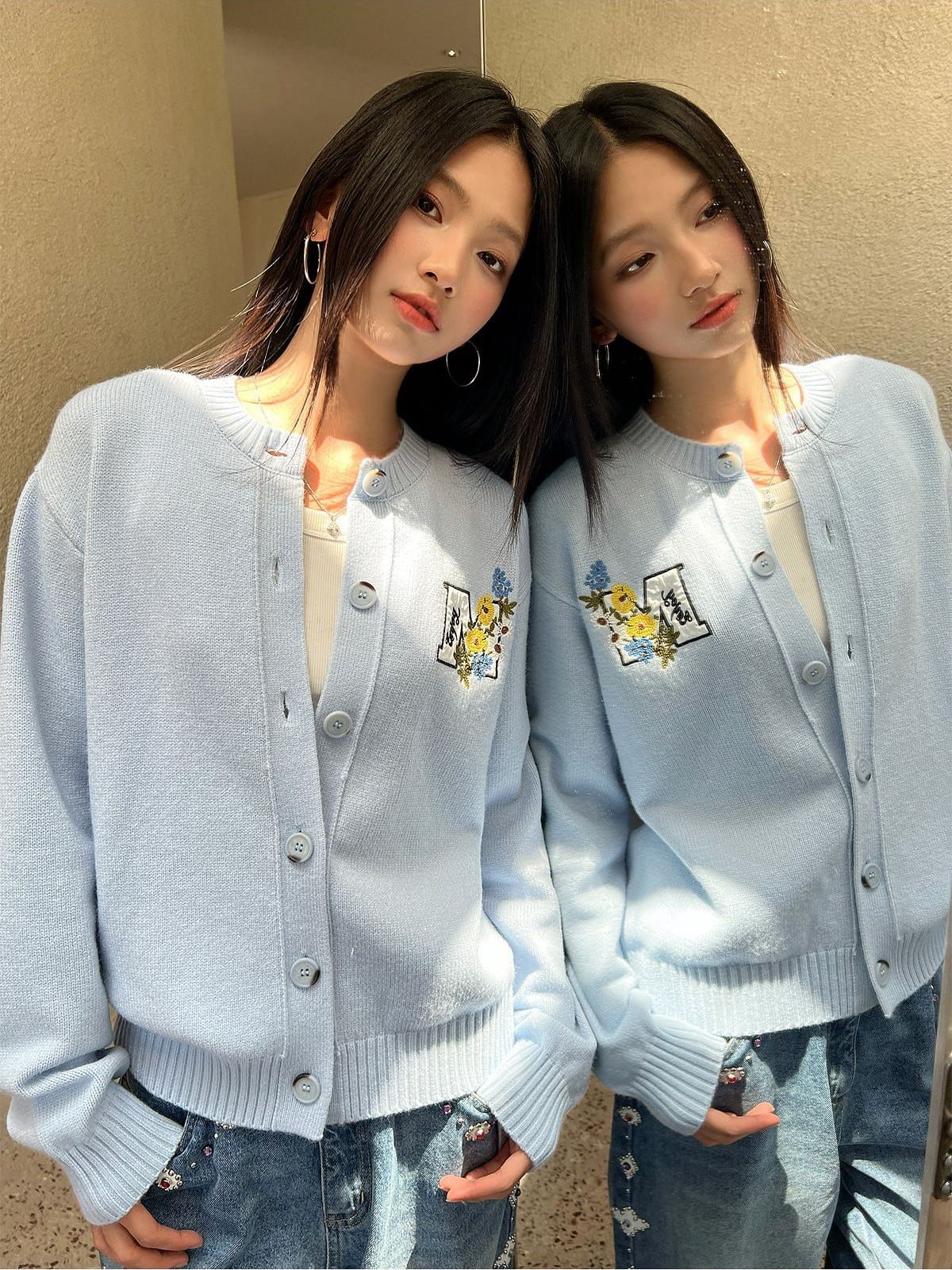 MEDM Floral Embroidered Knit Cardigan in Sky Blue - On Female Model
