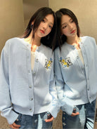 MEDM Floral Embroidered Knit Cardigan in Sky Blue - On Female Model