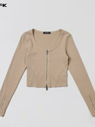 SMFK Ribbed Zip Up Cropped Cardigan in Beige