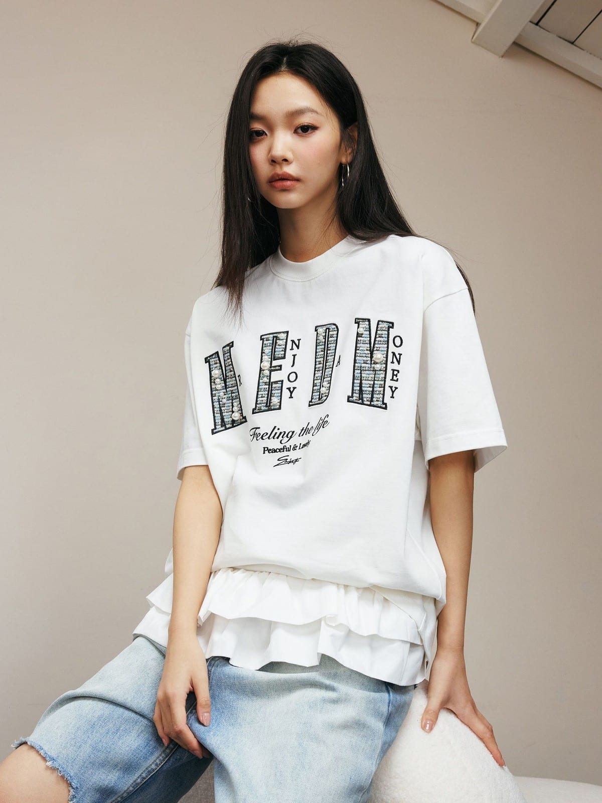 MEDM Pearl Embellished Letter Cotton T Shirt in White - On Female Model