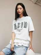 MEDM Pearl Embellished Letter Cotton T Shirt in White - On Female Model