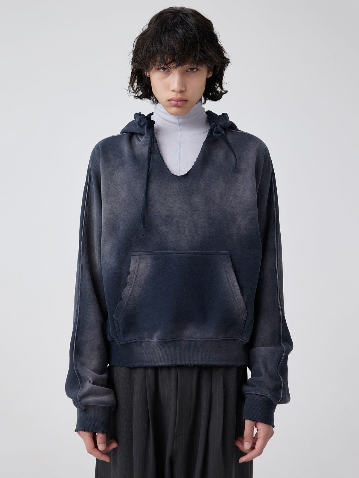 SIMPLE PROJECT Distressed Wide Neck Cropped Hoodie in Navy - On Male Model