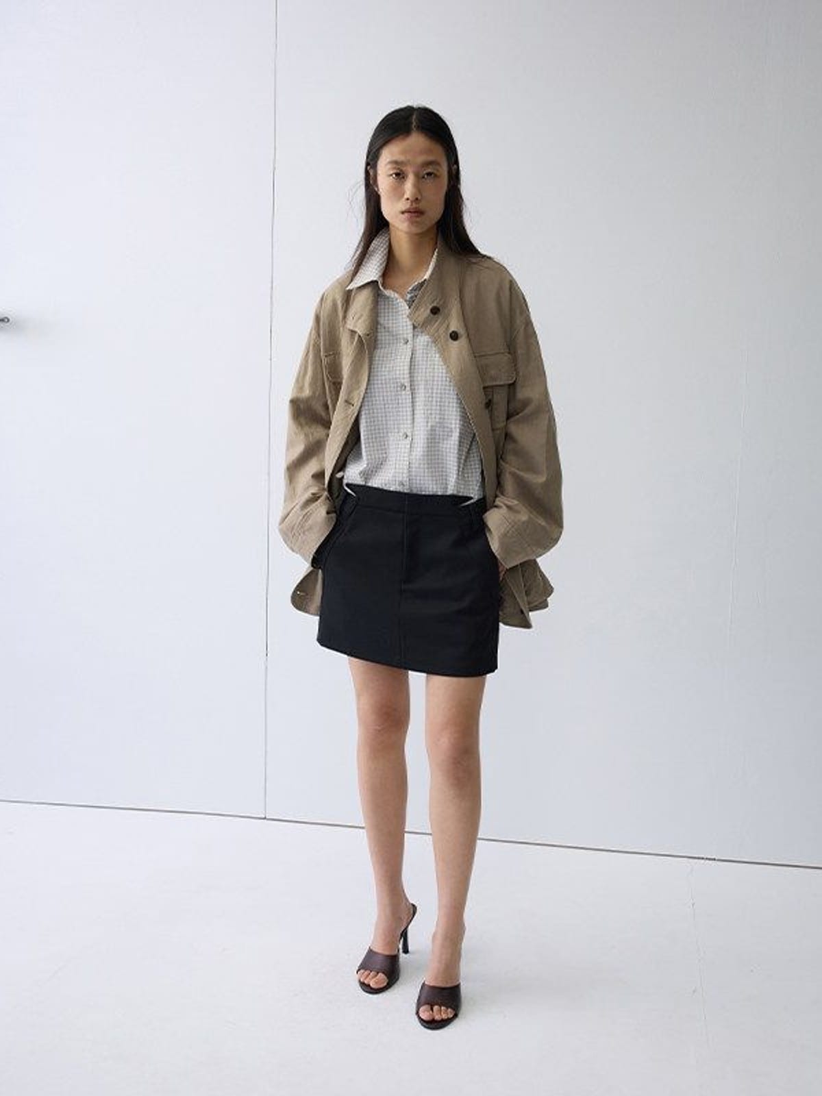 Random Piece Linen Blend Multi Pocket Cargo Jacket in Beige - On Female Model