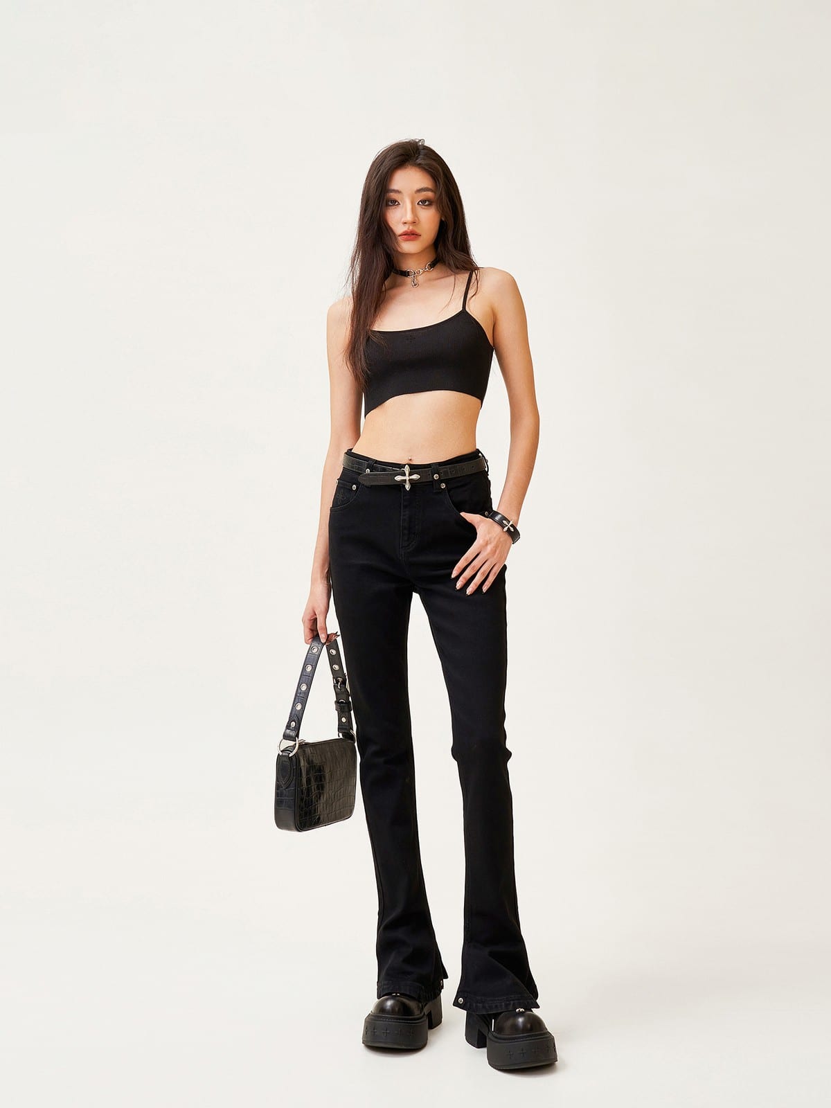 SMFK High Waisted Horseshoe Flare Jeans in Black - On Female Model