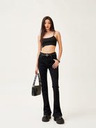 SMFK High Waisted Horseshoe Flare Jeans in Black - On Female Model