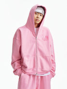 MEDM 3D Logo Two Way Zip Cotton Hoodie in Pink - On Male Model