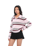 SweetChilling Striped Wool Blend Polo Sweater in Pink - On Female Model