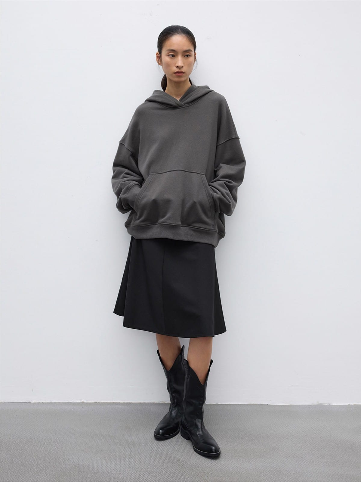 Random Piece Cotton Blend Drop Shoulder Hoodie in Gray - On Female Model
