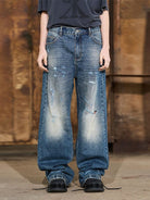 BLINDNOPLAN Distressed Dark Wash Straight Jeans in Blue - On Model
