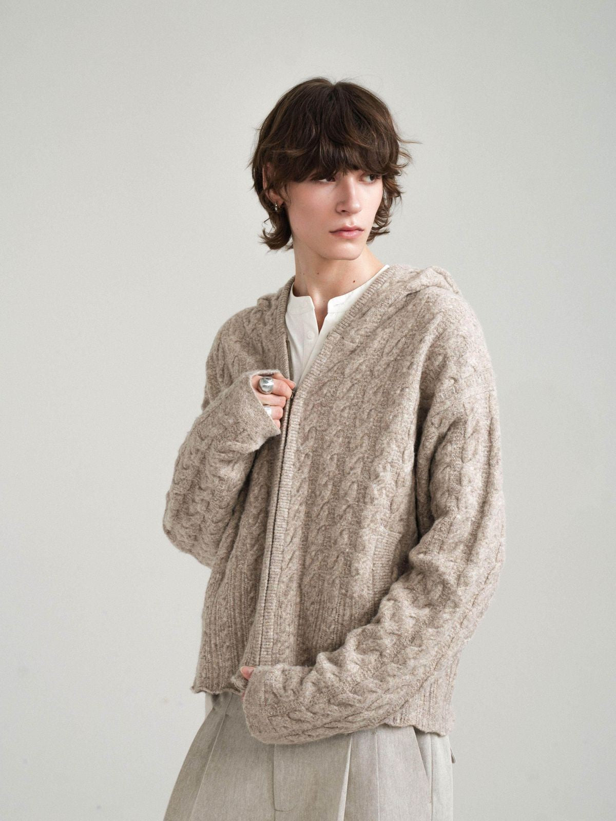 Retro 21 Cable Knit Wool Blend Zip Hoodie in Khaki - On Female Model