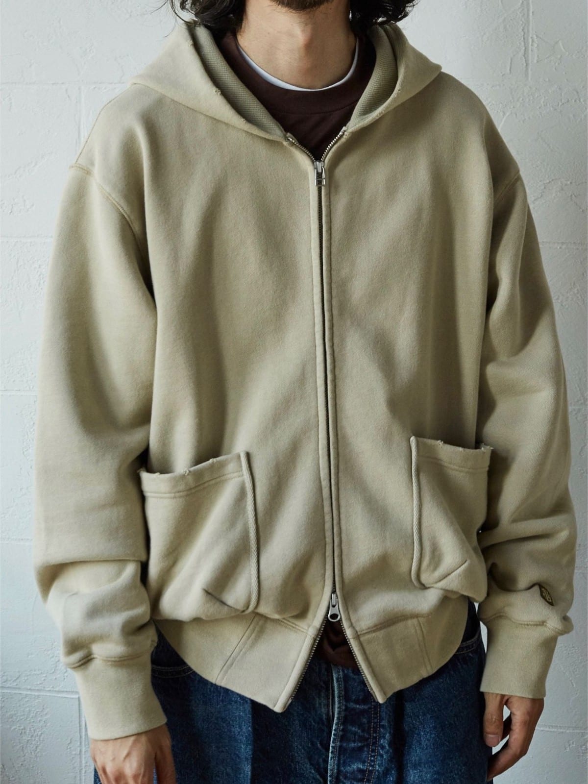 USAGE Hand Distressed Washed Zip Hoodie in Beige - On Male Model