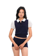 SweetChilling Mock Layer Polo Knit Crop Top in Navy Blue - On Female Model