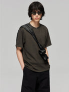 SIMPLE PROJECT Textured Diagonal Paneled T Shirt in Gray - On Male Model