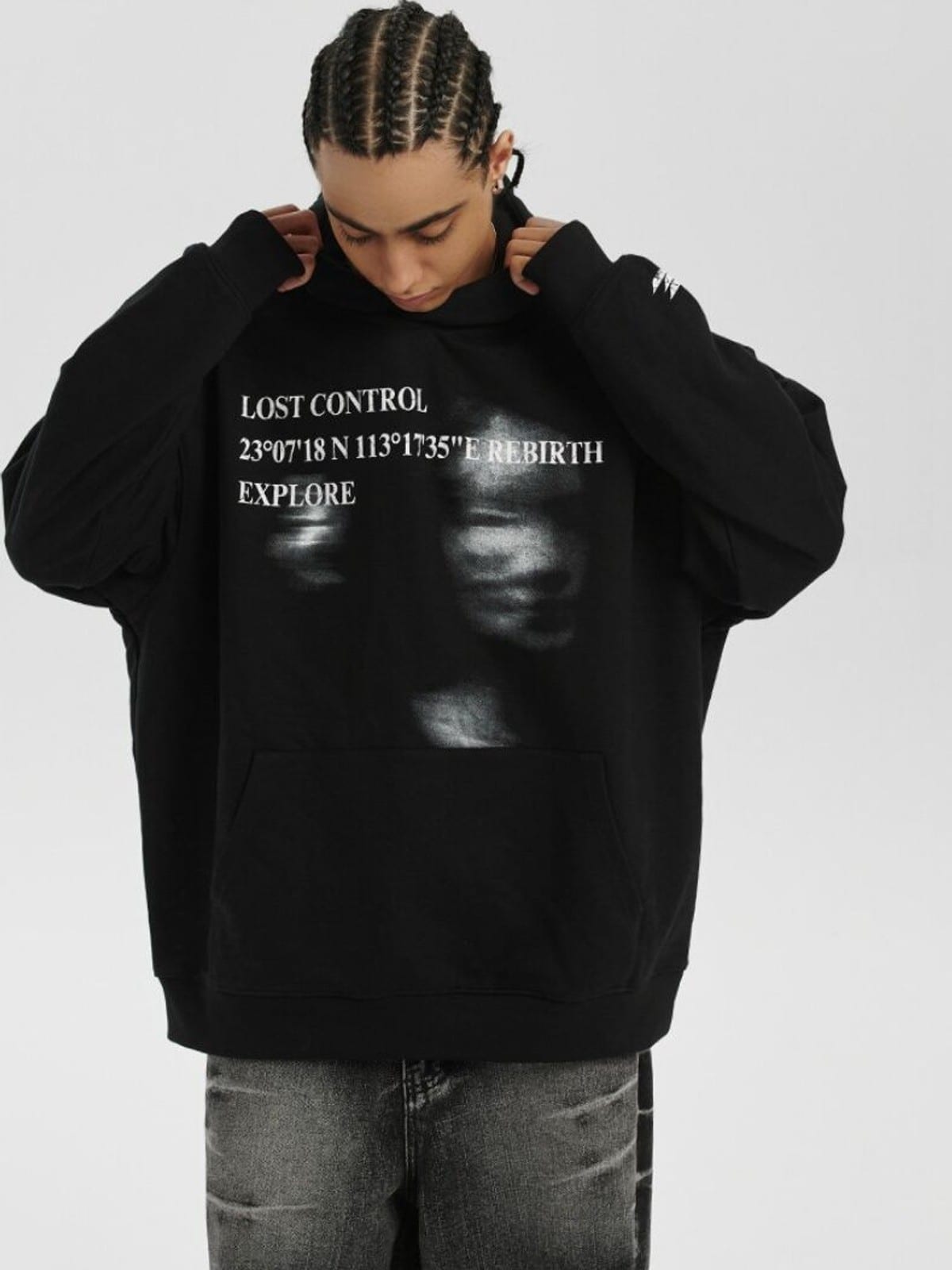 LOSTCTRL Heavyweight Cotton Graphic Hoodie in Black - On Male Model