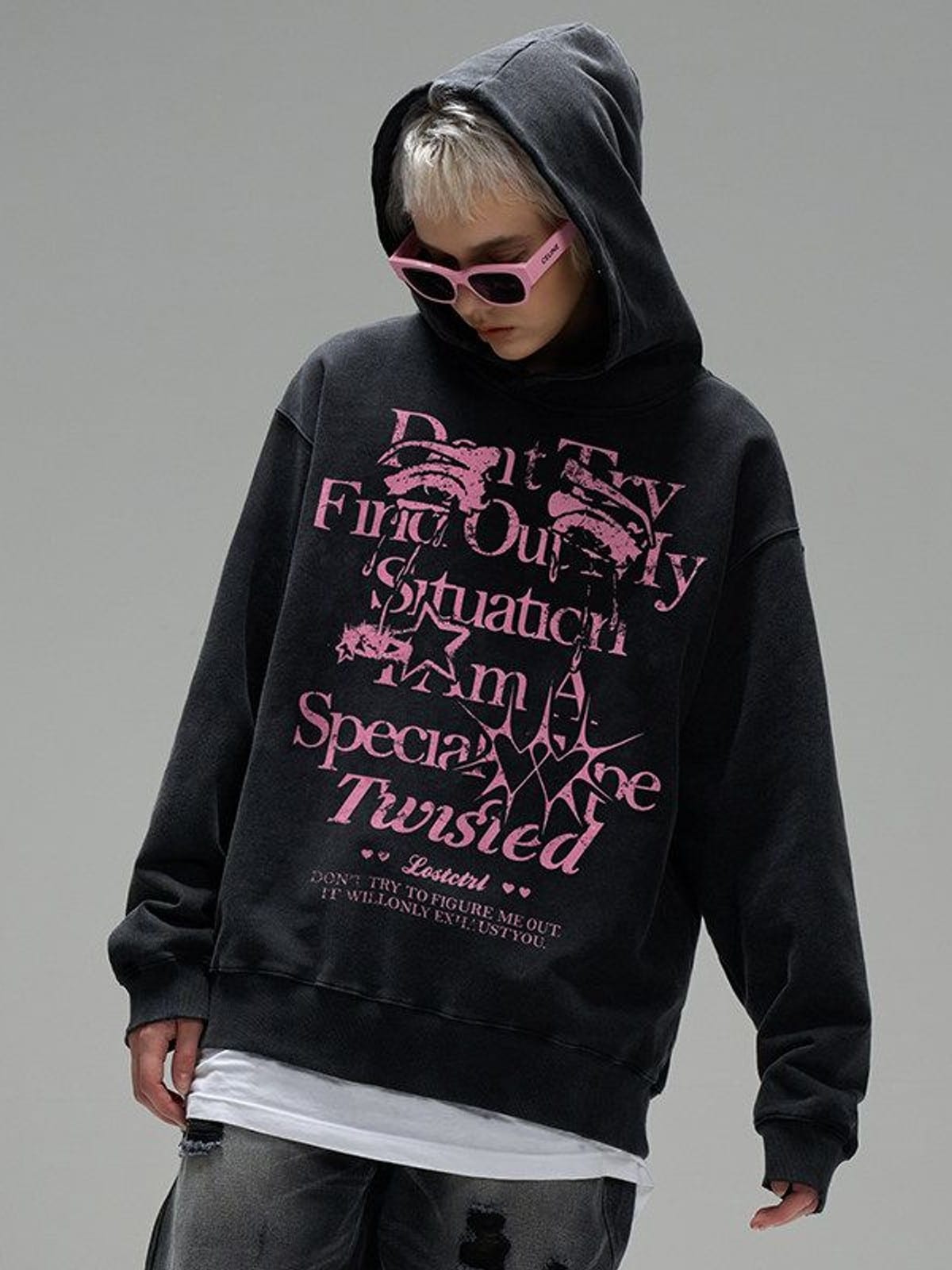 LOSTCTRL Graphic Print Fleece Hoodie in Gray - On Model