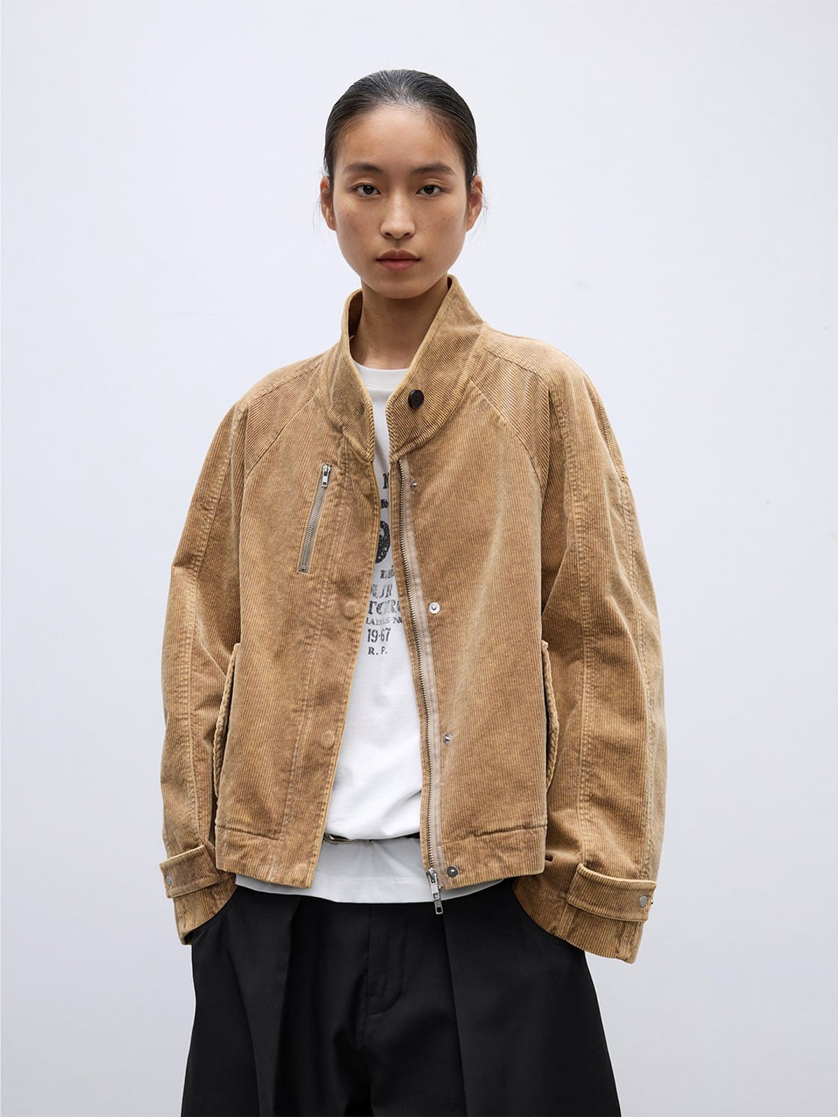 Random Piece Distressed Corduroy Cropped Jacket in Beige - On Female Model
