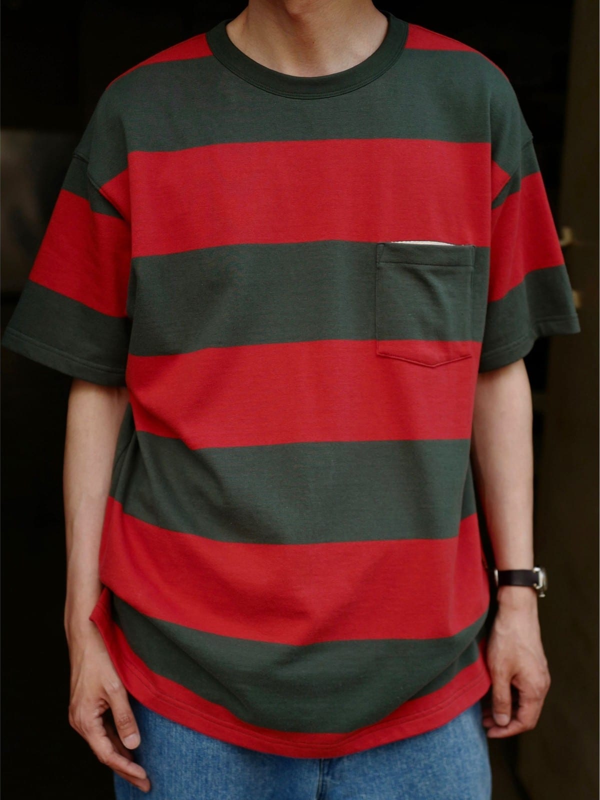 USAGE Wide Striped Cotton Pocket T Shirt in Green - On Male Model