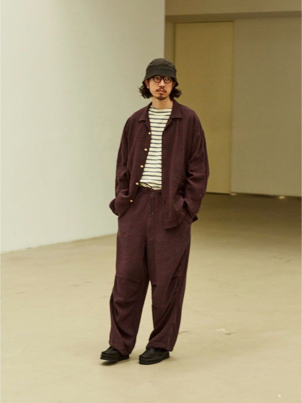 USAGE Textured Cotton Ramie Work Shirt in Purple - On Male Model
