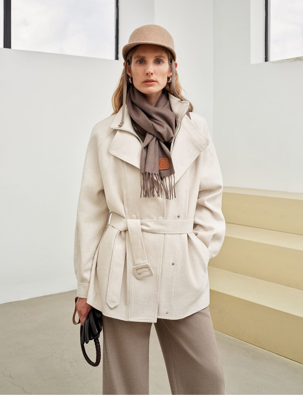 TEASEL Belted Wool Linen Safari Jacket in Beige - On Female Model