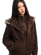 BIGGOLD STUDIO Faux Suede Mock Layered Hooded Jacket in Coffee - On Female Model