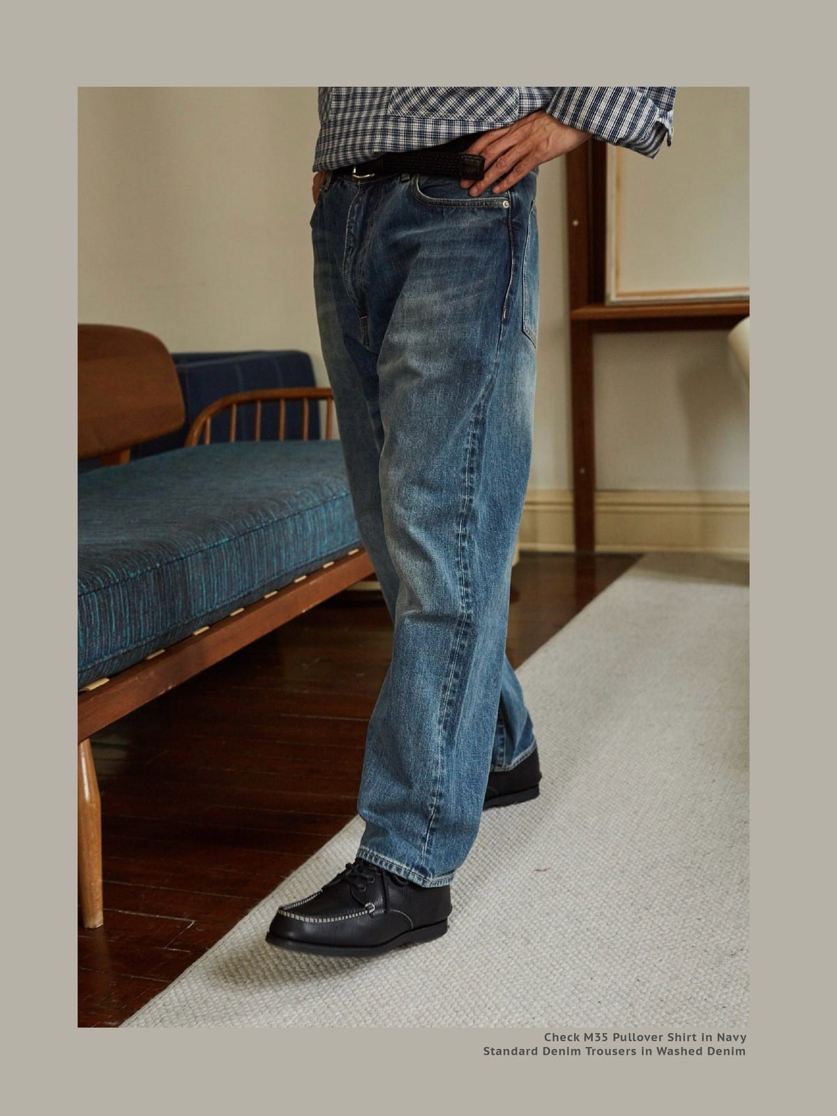 USAGE Heavily Washed Selvedge Denim Jeans in Gray - On Male Model