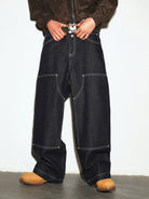 MEDM Contrast Stitch Denim Cargo Jeans in Navy Blue - On Male Model