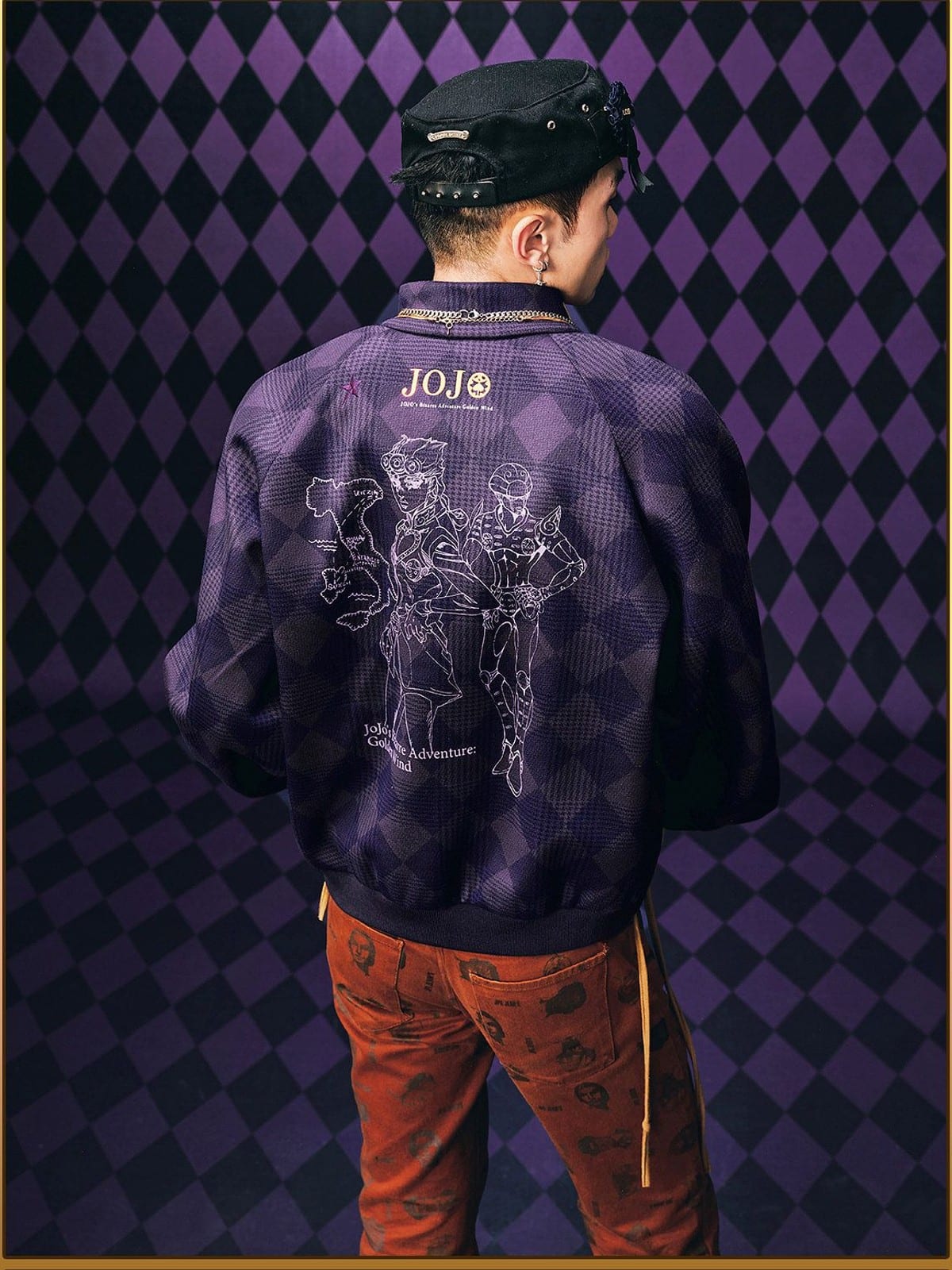 MEDM Embroidered JoJo Plaid Bomber Jacket in Purple - On Male Model