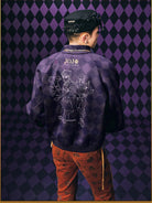 MEDM Embroidered JoJo Plaid Bomber Jacket in Purple - On Male Model