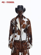 PERSONSOUL Cow Print Hair On Leather Biker Jacket in Brown - On Model