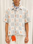 Retro 21 Knitted Plaid Camp Collar Shirt in Blue - On Male Model