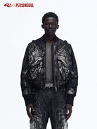 PERSONSOUL Faded Ink Splash Denim Bomber in Black - On Male Model