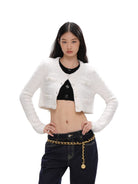 SweetChilling Textured Cropped Crew Neck Cardigan in White - On Female Model