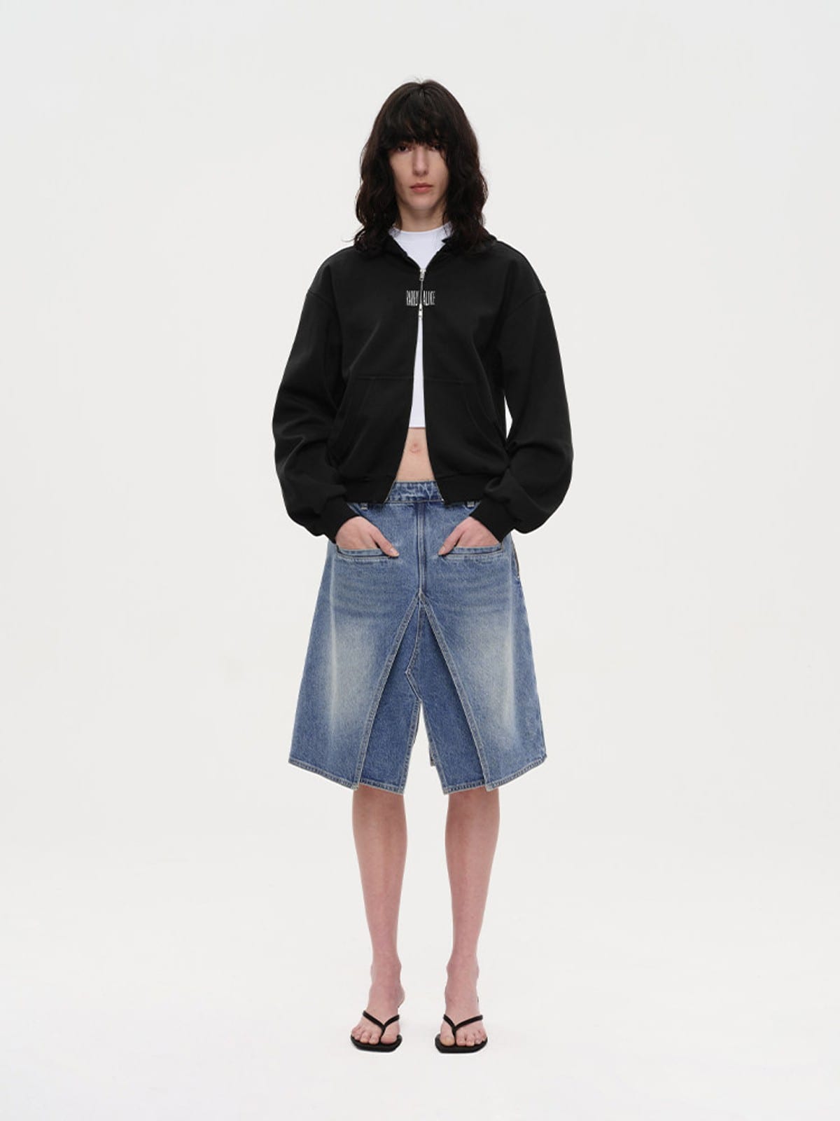 RARELY ALIKE Cinched Waist Logo Zip Up Hoodie in Black - On Female Model