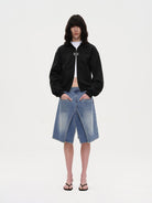 RARELY ALIKE Cinched Waist Logo Zip Up Hoodie in Black - On Female Model