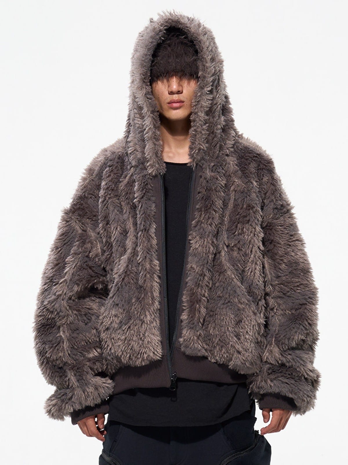 D5ove Faux Fur Zip Up Hoodie in Gray - On Male Model