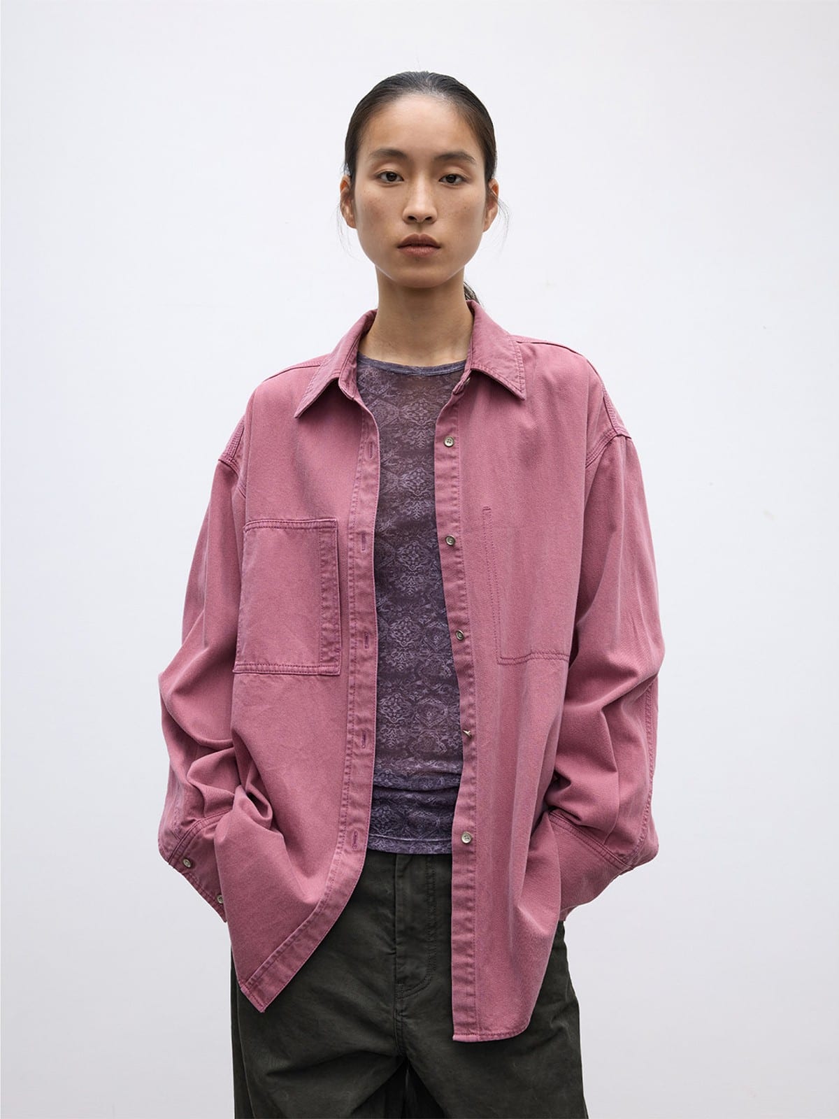 Random Piece Vintage Washed Cotton Blend Shirt in Pink - On Female Model