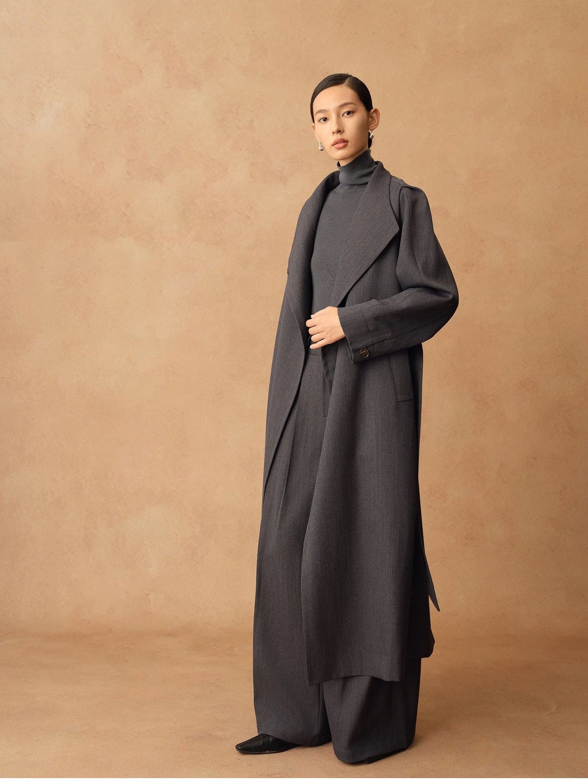 TEASEL Belted Australian Wool Trench Coat in Gray - On Female Model