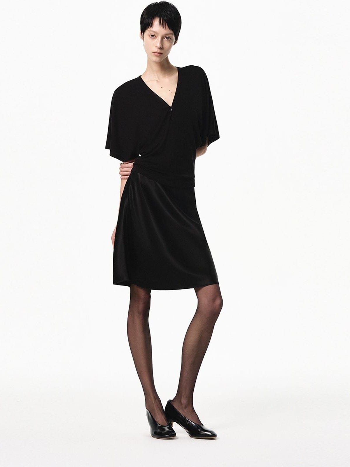 RARELY ALIKE Lyocell V Neck Batwing Sleeve Top in Black - On Female Model