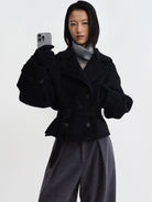 RARELY ALIKE Belted Double Breasted Short Wool Coat in Black - On Female Model