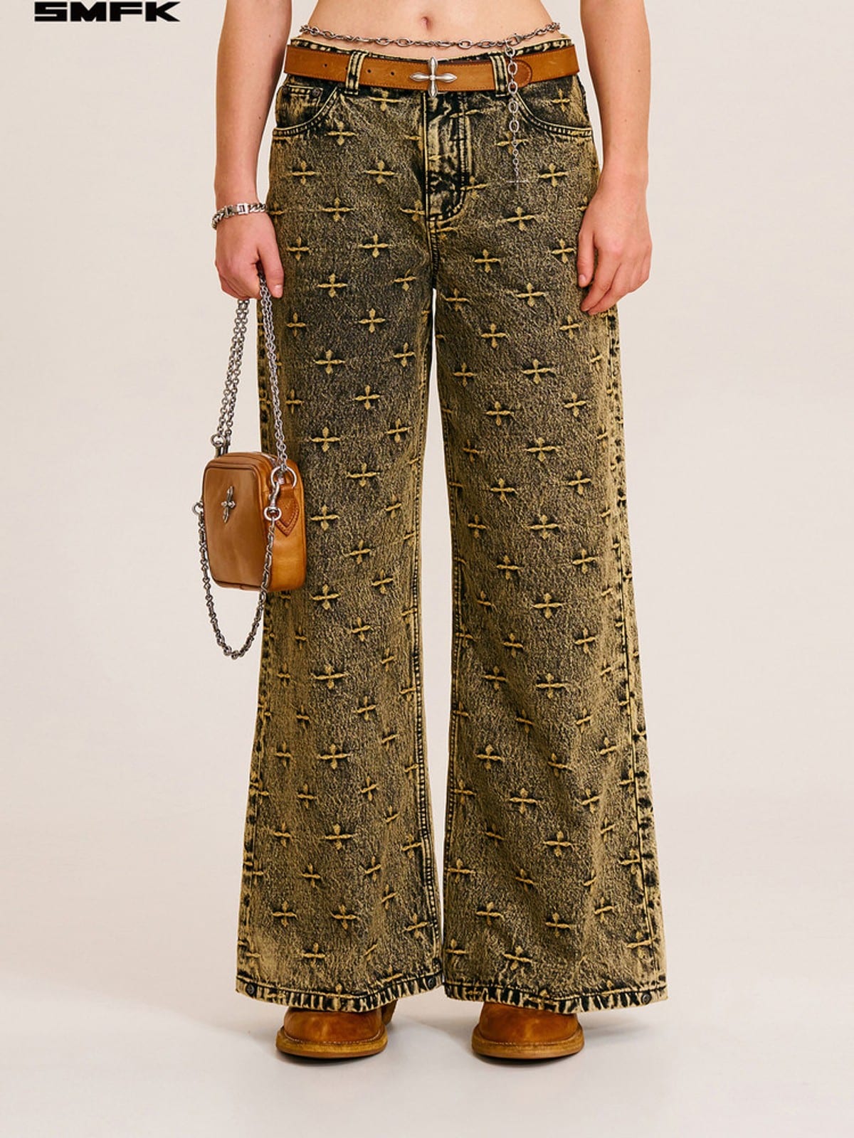 SMFK All Over Print Wide Leg Jeans in Brown - On Female Model