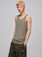 SIMPLE PROJECT Longline Stretch Knit Tank Top in Beige - On Male Model